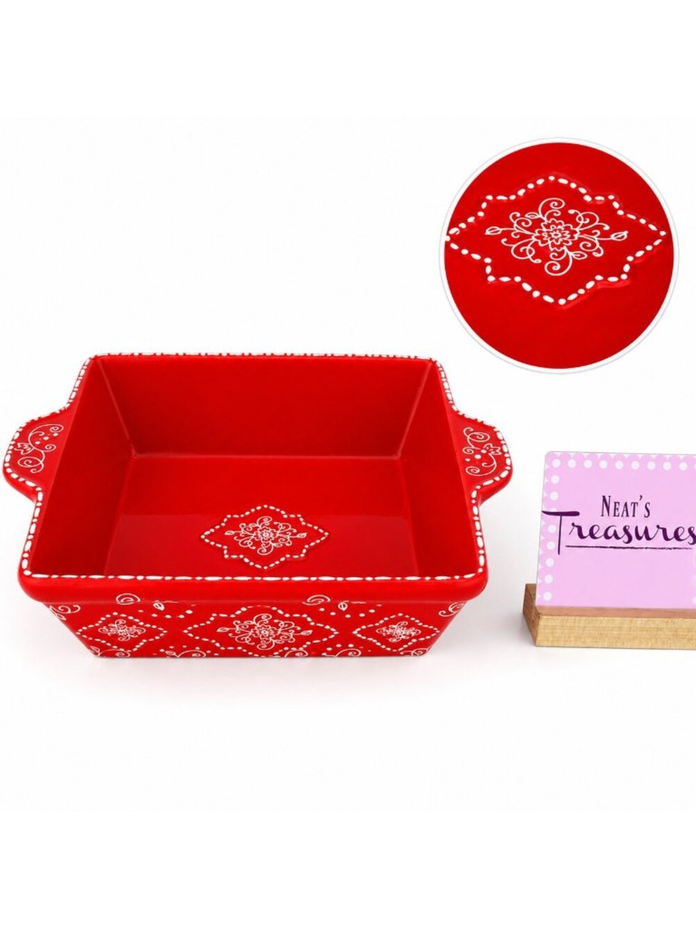 Temptations By Tara Bakeware SWIRLS AND PEARLS Red 2 Qt Square 9" Ceramic Baker